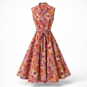 April Cornell Midi Porch Dress M Red Floral Sleeveless Belted Button Front